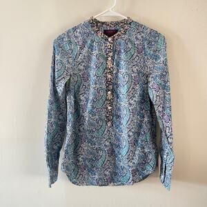 J.Crew Liberty Fabrics Blue Paisley Popover Shirt Blouse Womens Size 00 Artsy